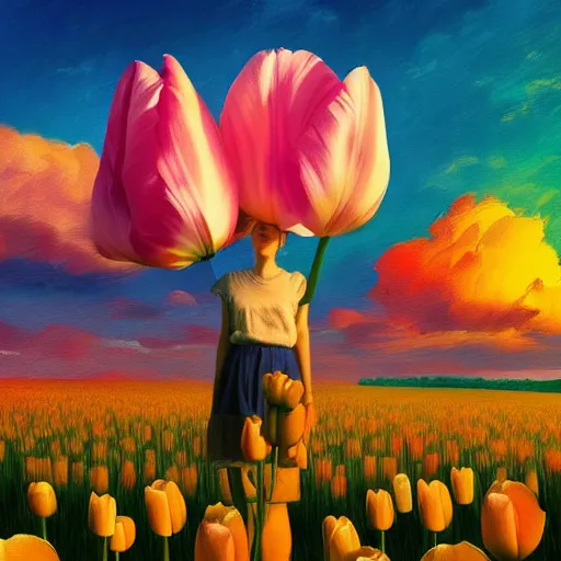 Prompt: girl with one single giant tulip as a head, surreal photography, flower field, sunset dramatic light, impressionist painting, colorful clouds, blue sky, digital painting, artstation, simon stalenhag