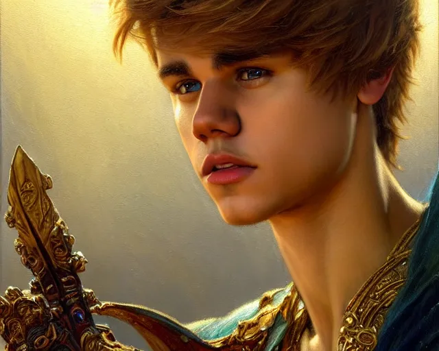 Image similar to attractive justin bieber as a god. highly detailed painting by gaston bussiere, craig mullins, j. c. leyendecker 8 k