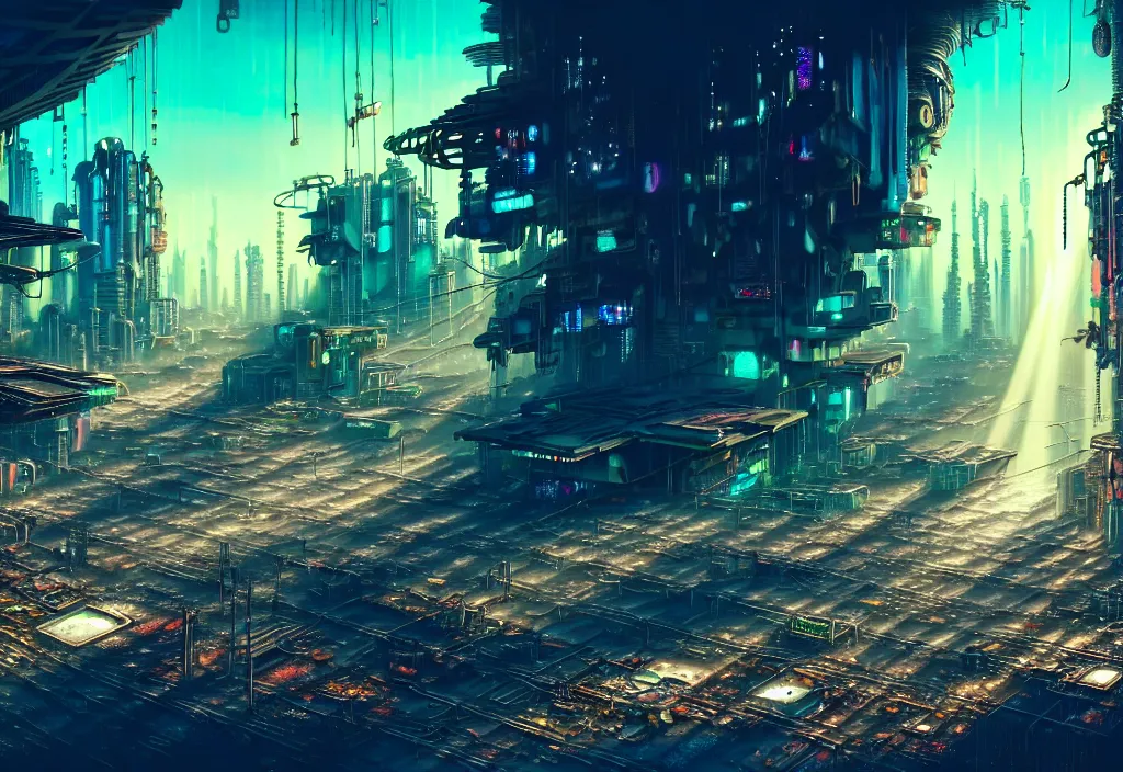 Image similar to A highly detailed crisp wide view of A beautiful futuristic cyberpunk abandoned dystopia city building with futuristic bright lights, plants allover , godray, sunlight breaking through clouds, clouds, debris on the ground, abandoned machines bright happy colors, chaotic , nitid horizon, factory by wangchen-cg, 王琛,Neil blevins, artstation, Gediminas Pranckevicius