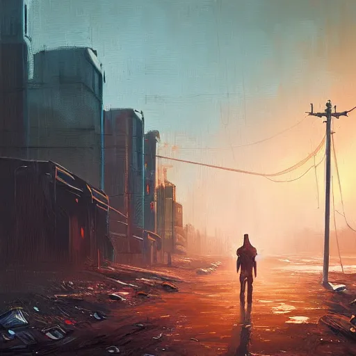 Prompt: post apocalyptic wasteland, smooth, dreary, oil painting, beautifully detailed, trending on artstation, by alena aenami