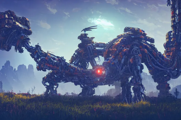 Image similar to stalker machine mecanical creature robot of horizon forbidden west horizon zero dawn radiating a glowing aura global illumination ray tracing hdr fanart arstation by ian pesty and alena aenami artworks in 4 k