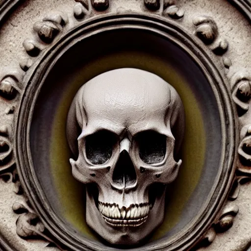 Image similar to gothic sculpture of skull with decorative baroque design, deep texture, intense detail, hyperealism, 4 k