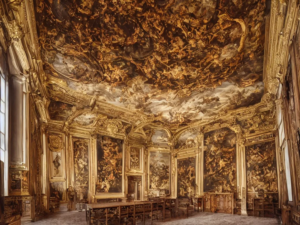 Image similar to The bright and majestic beautiful Renaissance palace chamber filled with soft light from beautiful windows with beautiful paintings of a demons on the walls, high quality interior photo trending on photostocks