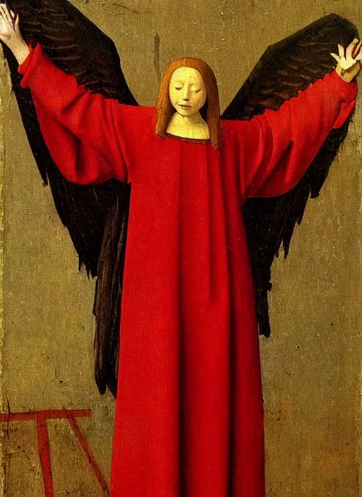 Image similar to Flying Fallen Angel dressed in red, Medieval painting by Jan van Eyck, Johannes Vermeer, Florence