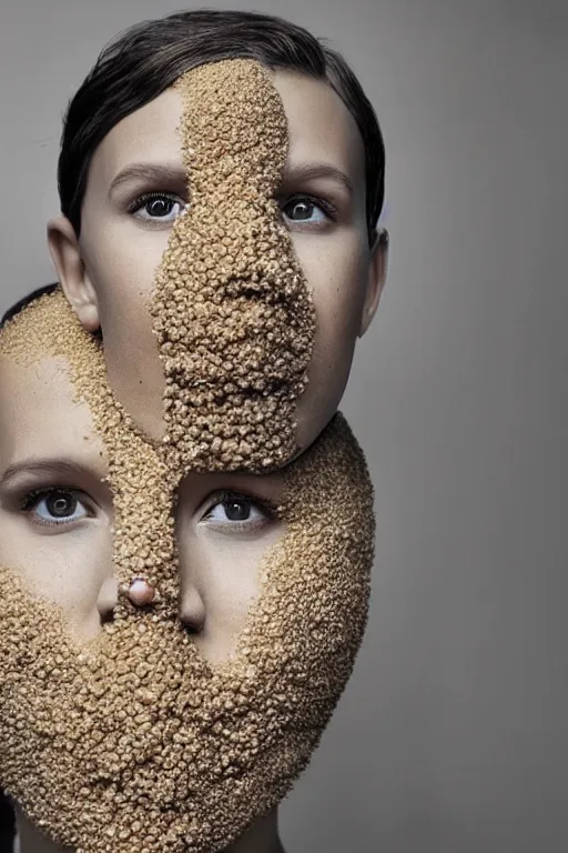 Image similar to millie bobby brown made out of millet, human face made out of millet, professional food photography