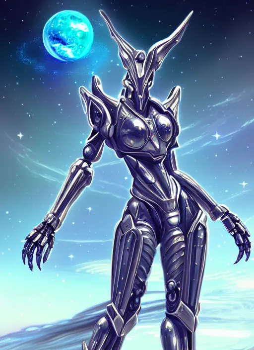 Image similar to goddess shot, galactic sized stunning beautiful anthropomorphic robot mecha female dragon, in space, larger than planets, posing elegantly, holding earth in sharp hand, detailed silver armor, epic proportions, epic scale, ultra detailed digital art, furry art, macro art, dragon art, giantess art, warframe fanart, furaffinity, deviantart, realistic