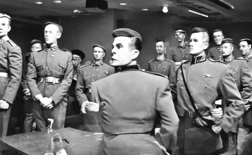 Prompt: 50s movie still of very diverse one general, one officers, one marshal, with very detailed faces in a stalinist style hall, by Alexei Guerman, Cinestill 800t 35mm black and white, heavy grainy picture, very detailed, high quality, 4k, HD criterion, precise texture, diverse faces, diverse haircuts, diverse ages, each faces precisely define