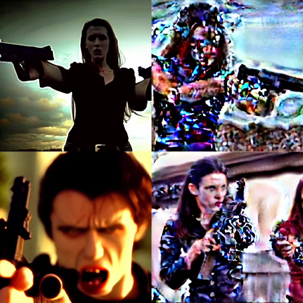 Prompt: Still from Vampires Holding Guns Movie, low quality, heavily downvoted, low budget