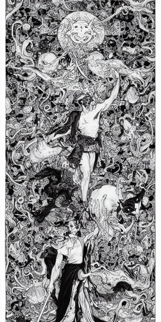 Image similar to the fool tarot, black and white matte painting, James Jean