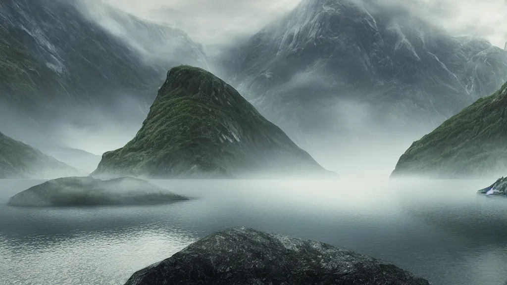 Prompt: forbidden fjord, magical energy, fog, cinematic lighting, photorealistic, hyperdetailed 3D matte painting, hyperrealism, hyperrealistic, 8k ultraHD octane render