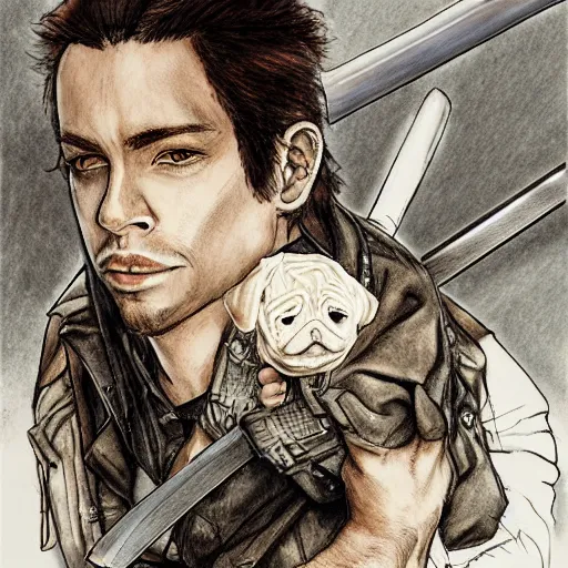 Image similar to self portrait, young white hispanic handsome man with short light brown hair and light skin and a 5 o clock shadow and holding a pug while fighting against 2 swordsmen pencil art, warzon, battlefield, added detail, high definiton, colored, backfacing, illustrated by yoji shinkawa