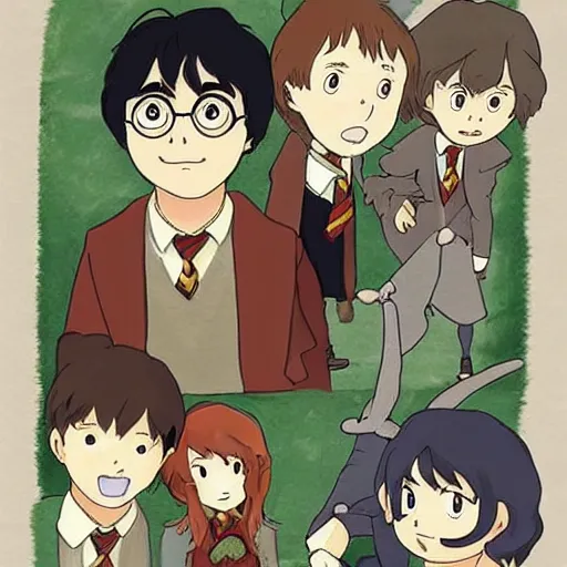 Image similar to harry potter in the style of studio ghibli