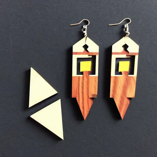 Image similar to lasercut segmented 2d wood earrings, graphic designs from 80's new wave