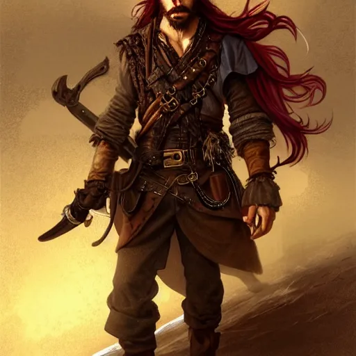 Image similar to portrait of a young rugged pirate, male, handsome, masculine, full body, red hair, long hair, d & d, fantasy, intricate, elegant, highly detailed, steampunk, airship, digital painting, artstation, concept art, matte, sharp focus, illustration, art by artgerm and greg rutkowski and alphonse mucha