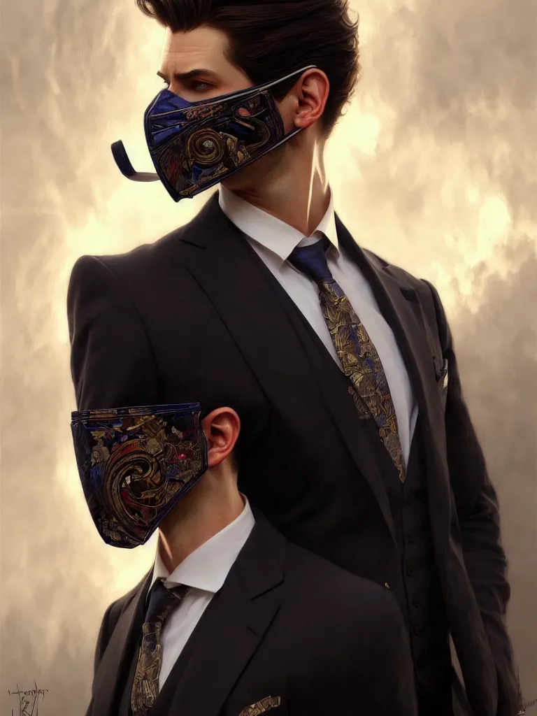 Image similar to ultra realistic illustration, a male with fabric mask, suit and tie, intricate, elegant, highly detailed, digital painting, artstation, concept art, smooth, sharp focus, illustration, art by artgerm and greg rutkowski and alphonse mucha