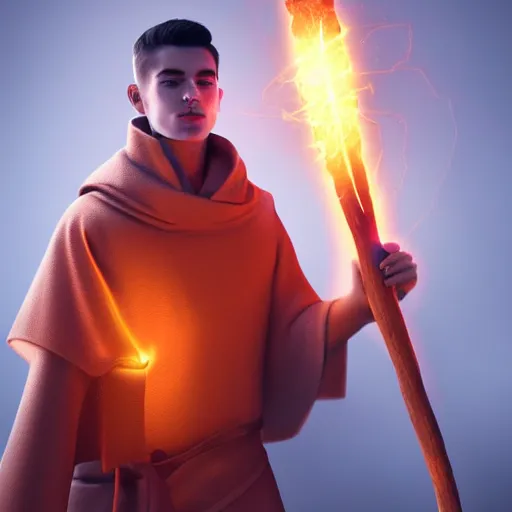 Prompt: Emile Smith Rowe wearing monks outfit holding a glowing fire magical staff. Trending on Artstation, octane render, ultra detailed, art by Ross tran