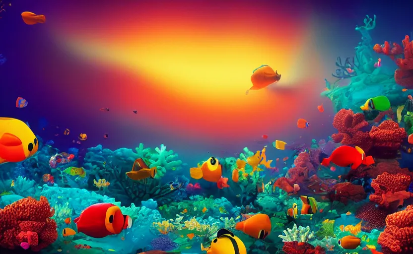 Image similar to giant black liquid blobs flying through a colorful coral reef, enigmatic scene, dusk, sunrise, still from a 2001 pixar movie, 4k, high quality wallpaper