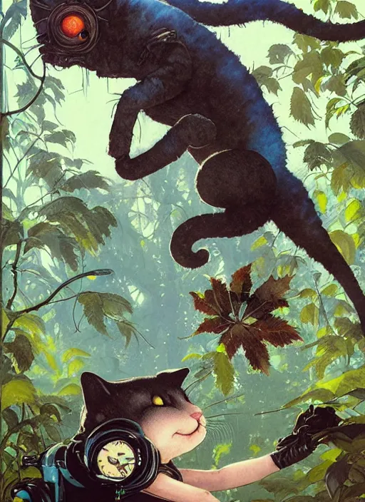 Image similar to a hyper realistic ink cat alien technology and sunbeams blue sky, lush forest foliage painting by chiara bautista and norman rockwell and greg rutkowski weta studio, and lucasfilm