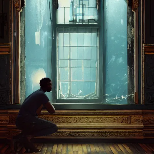 Image similar to a black man with long curly hair, with his back turned, looking at a victorian window, on deep sea, a big glowing letter K on the wall, + Cinematic Lighting + Deep Shadows + Hyper Realistic + Hyper Maximalist + Maximalist Composition + Intricate Details + Rendered in Octane + Trending on Artstation + Hall of Fame on Cgsociety + 8K portrait + 8k Post-Processing Highly Detailed + Rendered by Octane Engine + 8K Artstation 8k Detail Post Processing + Octane Render