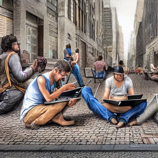 Image similar to a group of realistic bums using laptops near on street, highly detailed, intricate, sharp focus, digital art, 8 k