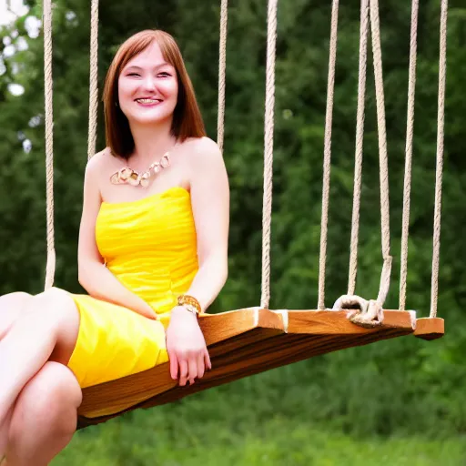 Image similar to a detailed portrait of a real cute girl on swing, wearing a yellow dress, smiling coy, award winning hd photo