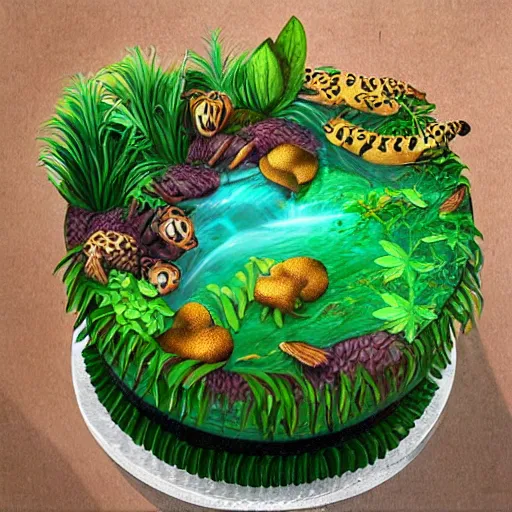 Image similar to jungle cakes, ultra realistic, ultra detailed, lush, beautiful, digital art,