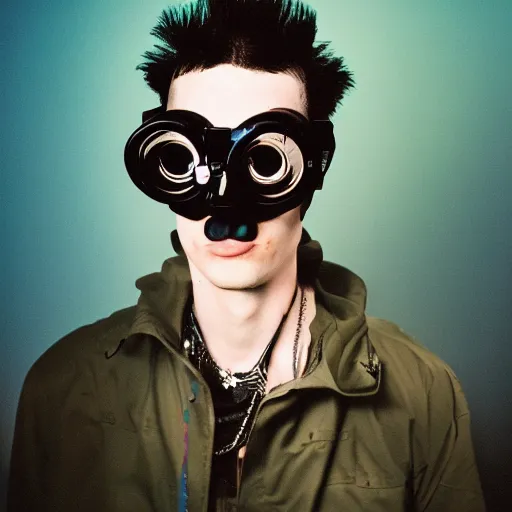 Prompt: kodak portra 1 6 0 photograph of a skinny nerdy goth guy with wild hair wearing goggles and eclectic jewelry, moody lighting, telephoto, 9 0 s vibe, rave background, vaporwave colors, faded!,