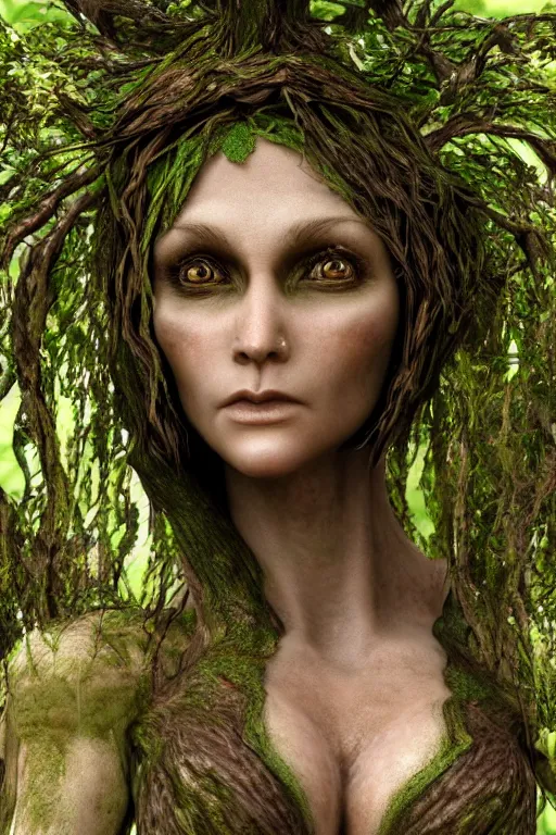 Image similar to A hyper real photo of a female dryad, whose face is made of wood, rendered in unreal, 4k, subtle horror theme, menacing.