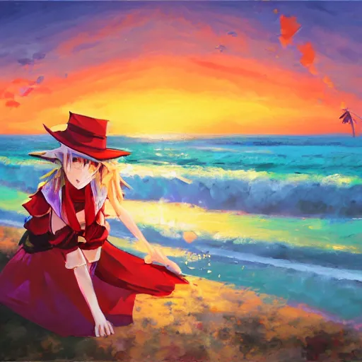 Image similar to Beautiful abstract portrait of Kirisame Marisa from the Touhou project at the beach at sunset, touhou project official artwork, danbooru, oil painting by Antoine Blanchard, sold at an auction, oil on canvas , wide strokes, pastel colors, soft lighting