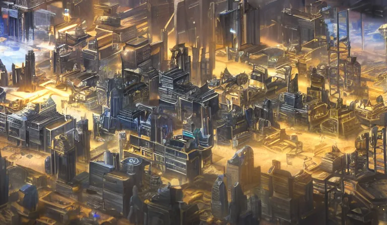 Image similar to large group of people in simple warehouse, looking at hologram of futuristic city on a table, cinematic concept art, godrays, golden hour, natural sunlight, 4 k, clear details, tabletop model buildings, center model buildings, hologram center, crane shot, crane shot, crane shot