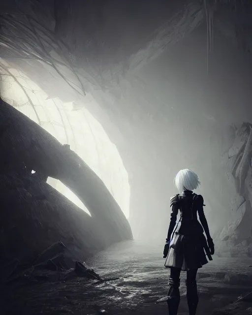 Image similar to yorha no. 2 type b, medium shot, asymmetrical, profile picture, hyper realism, cinematic, volumetric lighting, epic composition, high detail, octane render, unreal engine, 8 k, concept art, 3 d render, digital art, deviantart artstation, ray tracing, apocalyptic, intricate complexity, extremely detailed, very sharp,