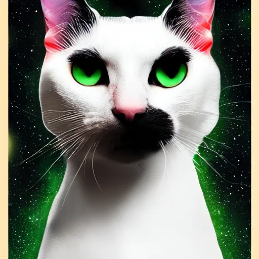 Image similar to Portrait of a beautiful black and white cat wearing tuxedo in space with colorful bright green eyes, medium shot, hd, 8k, hyper-realism, detailed, octane 8k,