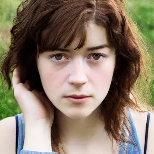 Image similar to a masterpiece portrait photo of a beautiful young woman who looks like mary elizabeth winstead as a ghibli protagonist, symmetrical face