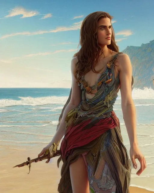 Image similar to beautiful ,allison williams standing in front of a beach, intricate, stunning, highly detailed, digital painting, artstation, concept art, smooth, sharp, focus, illustration, art by artgerm and greg rutkowski and alphonse mucha