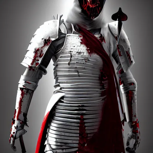 Image similar to a young man with full body armor white and red with a sword, battling killer, creepy, death, demon, horrifying, dead, arm gets chopped off, dramatic lighting, cinematic, 8k, hyperrealistic, detailed, depth, vray