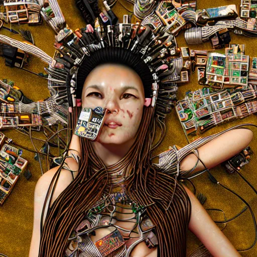 Image similar to piles of modular synth cables mixed with mangrove roots mixed with old video game consoles, kawaii puerto rican goddess chilling out wearing a headpiece made of circuit boards, by cameron gray, wlop, stanley kubrick, masamune, hideki anno, jamie hewlett, unique perspective, epic, trending on artstation, photorealistic, 3 d render, vivid