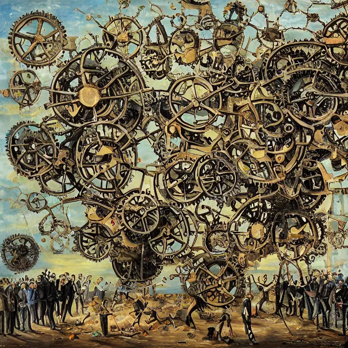 Image similar to grotesque painting showing humanity throwing itself upon the gears of the capitalist death machine