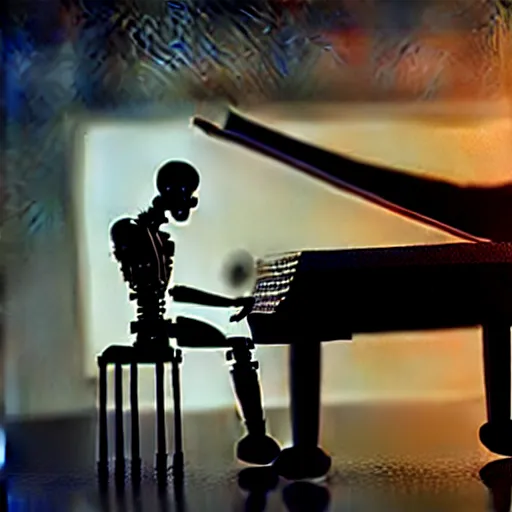 Image similar to a cyborg playing the piano in a futuristic apartment, award winning art, 4k, highly detailed, sharp focus, cinematic lighting, smooth