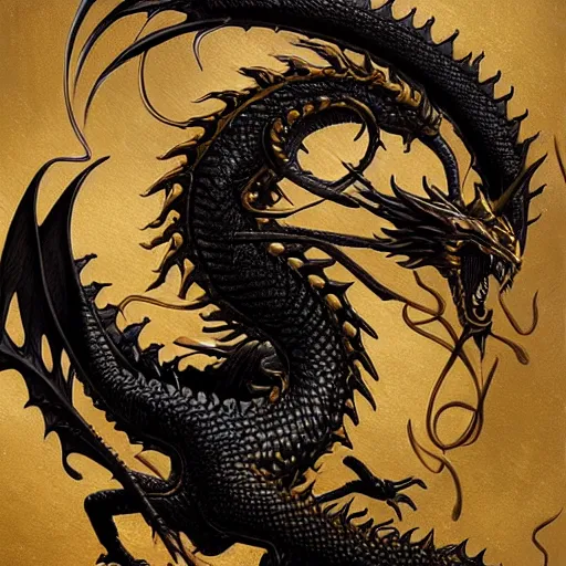 Image similar to emblem of black dragon on a gold metallic dragon emblem, by artgerm, tom bagshaw, gerald brom, moody vibe, goth vibe, gold, 4 k, hd,