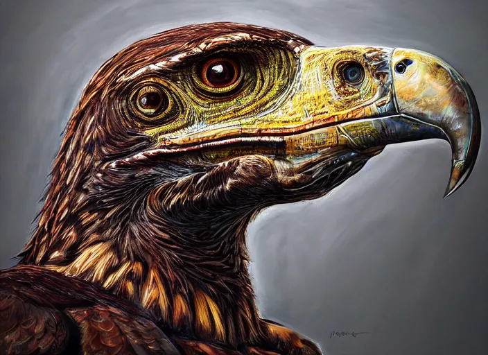 Image similar to a hyper-detailed oil portrait of a large raptor bird; an extraordinary masterpiece!!!; flawless; proud posture; photorealistic eyes; trending on artstation; f/1.4; 90mm