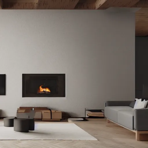 Image similar to cosy fireplace, modern home design interior, living room with couches, octane render, hyperrealistic, concrete archetecture, vray, volumetric lighting, cinema 4 d, unreal engine