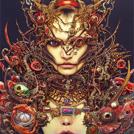 Prompt: realistic detailed image of an Ornate Casket Mummy adorned in Jewels and Gold from by Ayami Kojima, Amano, Karol Bak, Greg Hildebrandt, and Mark Brooks, Neo-Gothic, gothic, rich deep colors. Beksinski painting, part by Adrian Ghenie and Gerhard Richter. art by Takato Yamamoto. masterpiece