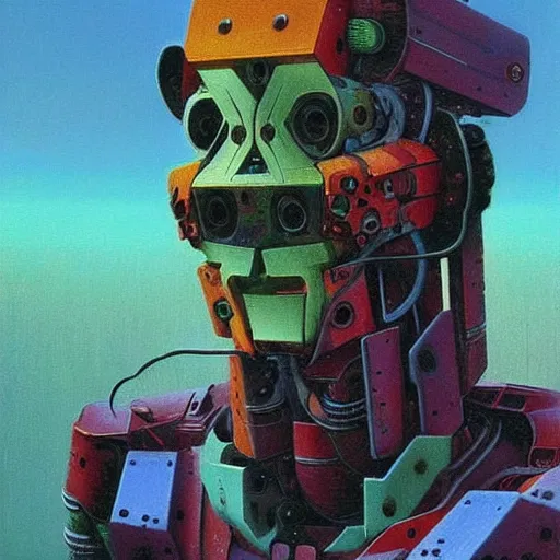 Image similar to portrait of a colourful mecha robot, painting by zdzislaw beksinski,