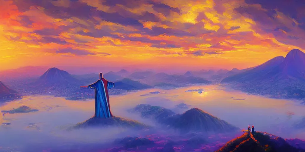 Image similar to iridescent painting of sunset over RIo de Janiero, Christ the Redeemer, panoramic, digital painting, by RHADS and Moebius