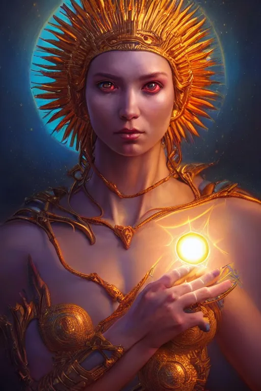 Image similar to a humanoid female god of the sun, highly detailed, d & d, fantasy, hyper detailed, digital painting, trending on artstation, apollo, concept art, sharp focus, illustration, highly saturated colors, art by artgerm and magali villeneuve and greg rutkowski and michael whelan, cryengine, 8 k realistic atmospheric lighting, frostbite 3 engine