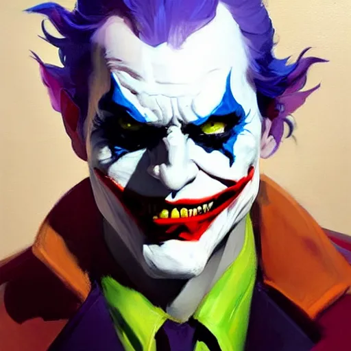 Image similar to Greg Manchess portrait painting of The Joker as Overwatch character, medium shot, asymmetrical, profile picture, Organic Painting, sunny day, Matte Painting, bold shapes, hard edges, street art, trending on artstation, by Huang Guangjian and Gil Elvgren and Sachin Teng