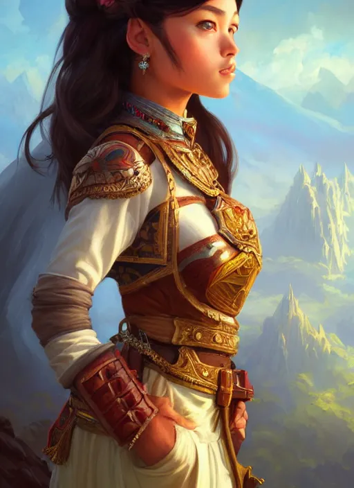 Image similar to portrait of russian mexican asian girl jodhpurs hyperborea lemuria, deep focus, d & d, fantasy, intricate, elegant, highly detailed, digital painting, artstation, concept art, matte, sharp focus, illustration, hearthstone, art by rhads by artgerm and greg rutkowski and alphonse mucha