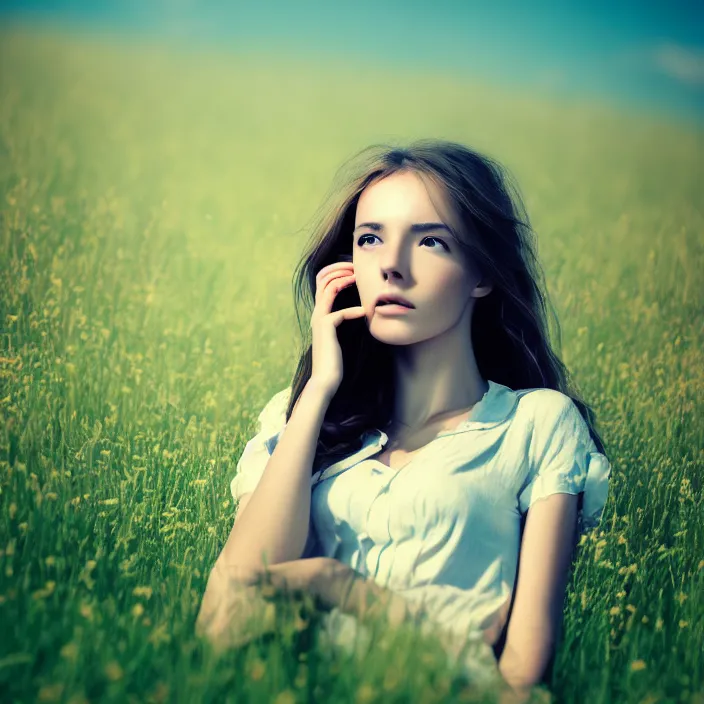 Image similar to photo of a very beautiful!! woman in an endless heavenly meadow, close up, 8 k, hdr, smooth, sharp focus, high resolution, award - winning photo, trending on artstation, dslr, 5 0 mm