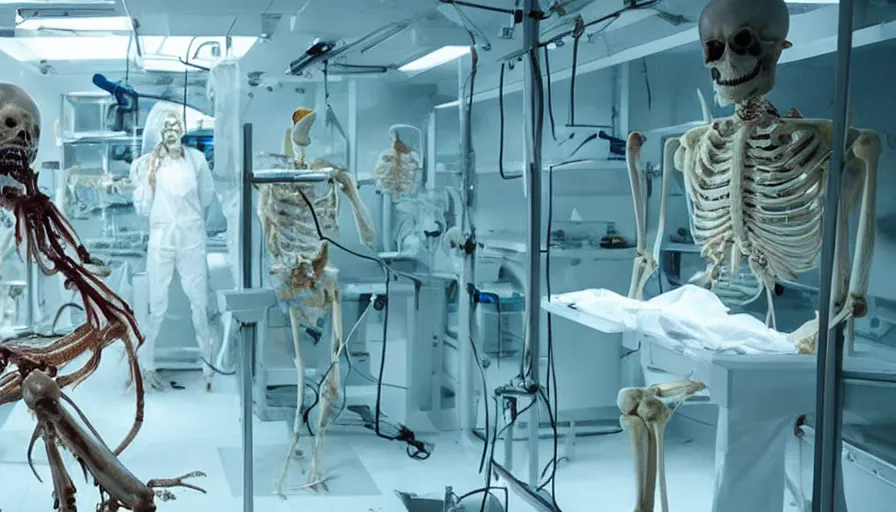 Image similar to Big budget horror movie set in biolab about a cyborg doing an autopsy on a squid-skeleton hybrid