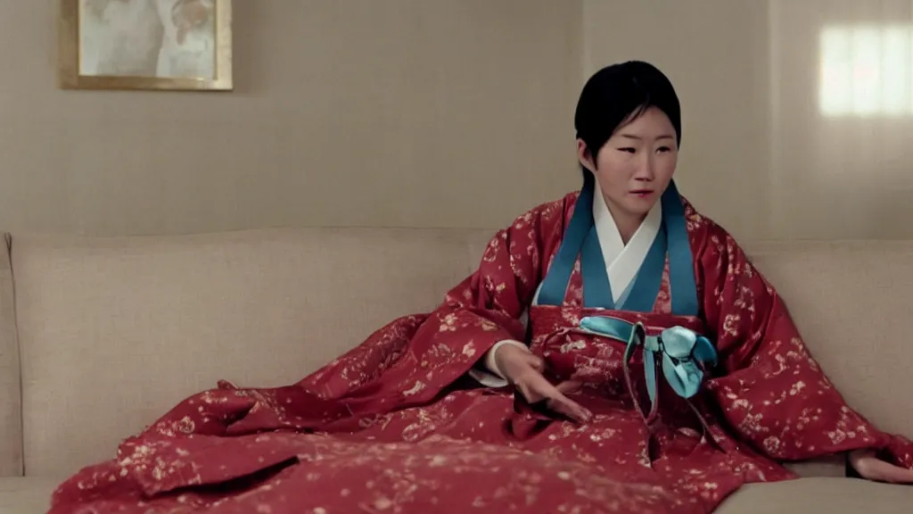 Prompt: woman in hanbok sitting on a couch, starfish monster's shadow is seen behind her, korean interior, cinematography by denis villeneuve and akira kurosawa and ishiro honda